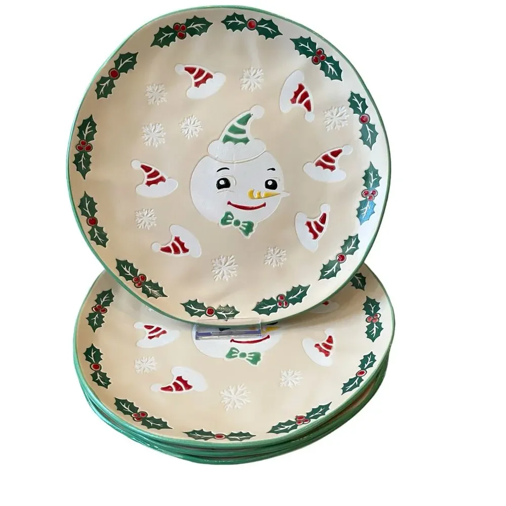 ELI + ANA Christmas VINTAGE SNOWMAN Dinner Plate 11in Set of 4 Ceramic New
